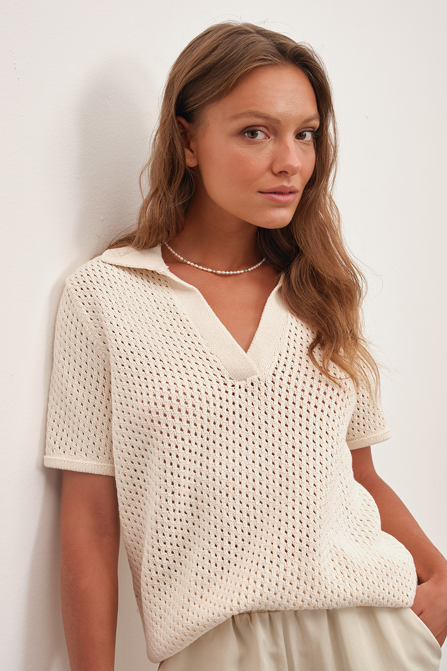 Polo Neck Crochet Knit Tee in Organic Cotton