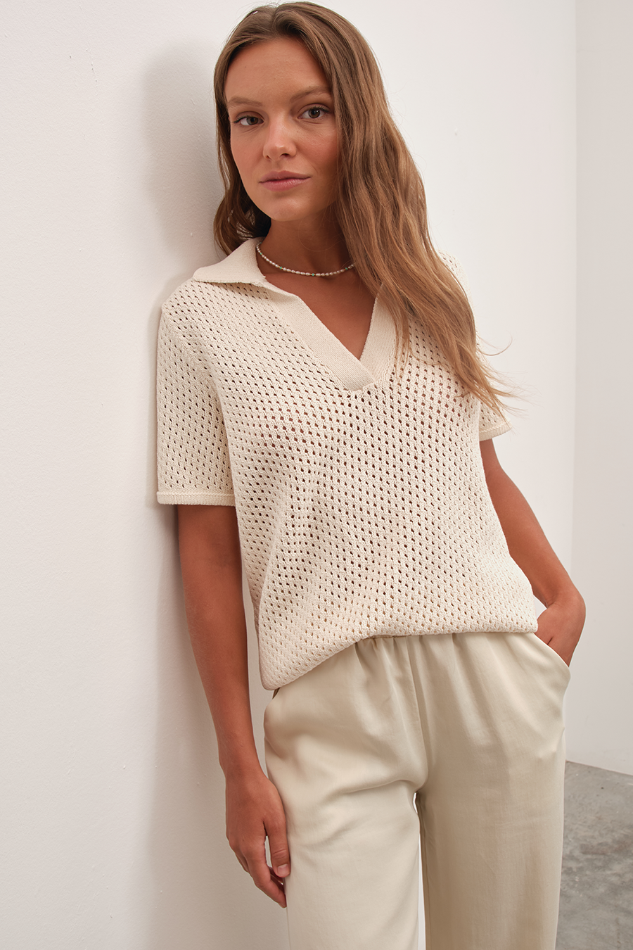 Polo Neck Crochet Knit Tee in Organic Cotton