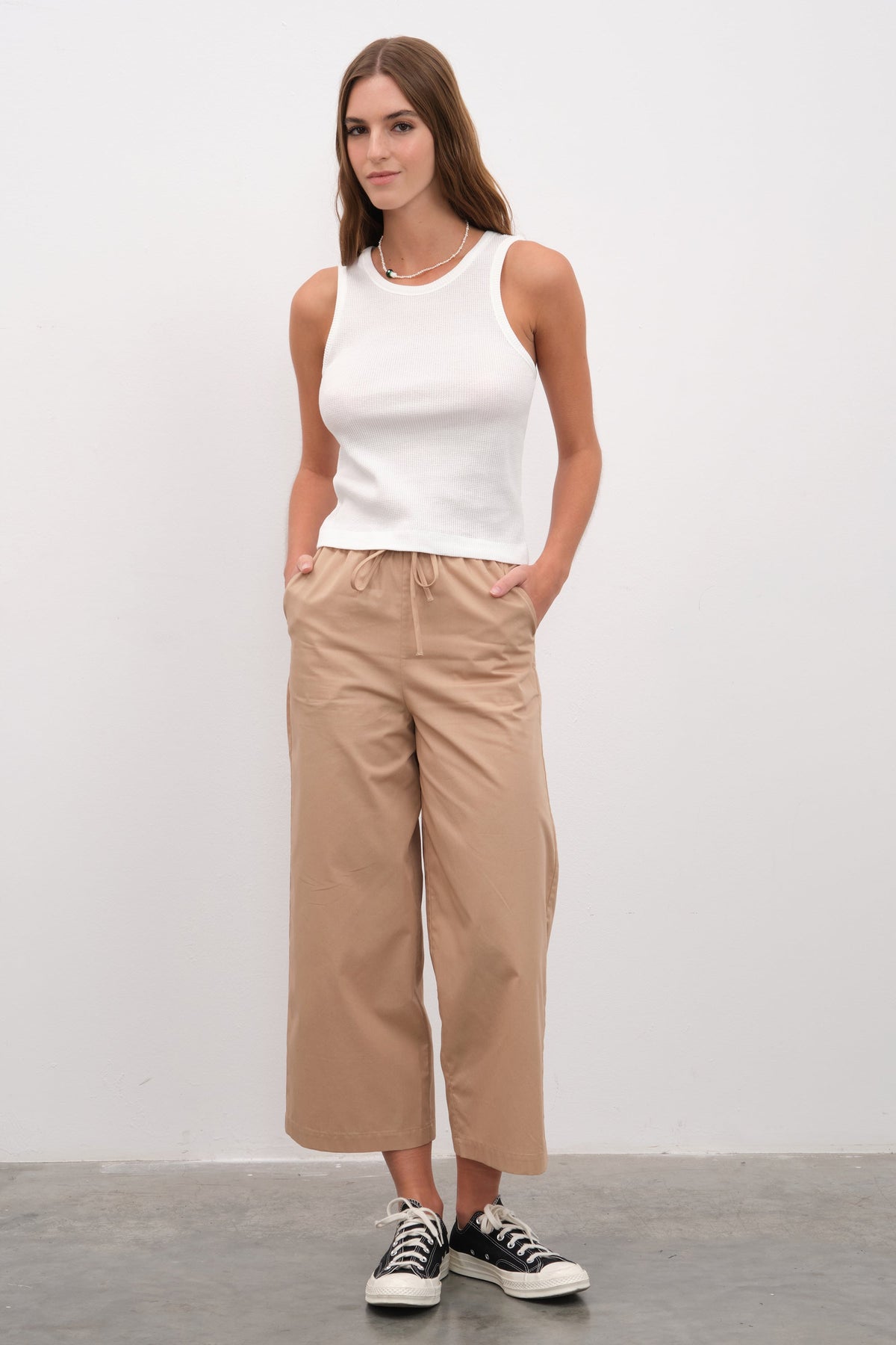 Pull-On Cropped Palazzo Poplin Pants