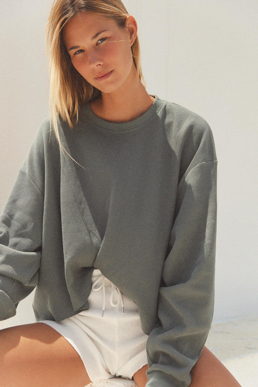 Waffle Cotton Cropped Oversize Sweatshirt