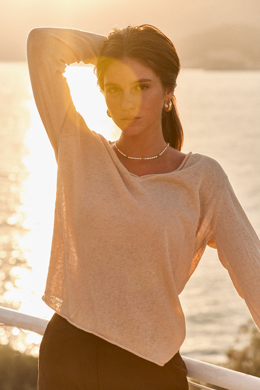 Lightweight V Neck Sweater in Cotton/Linen Blend