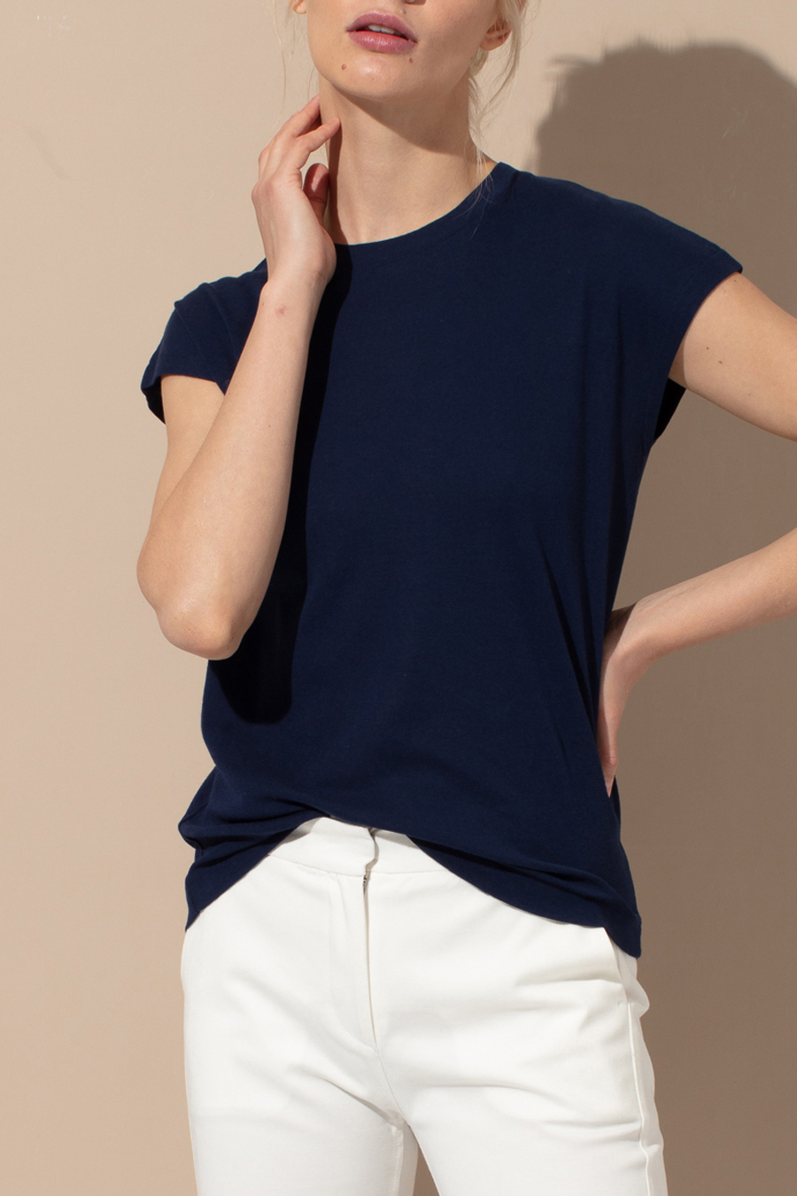 Capped Shoulder T-shirt in Micro-Ribbed Cotton