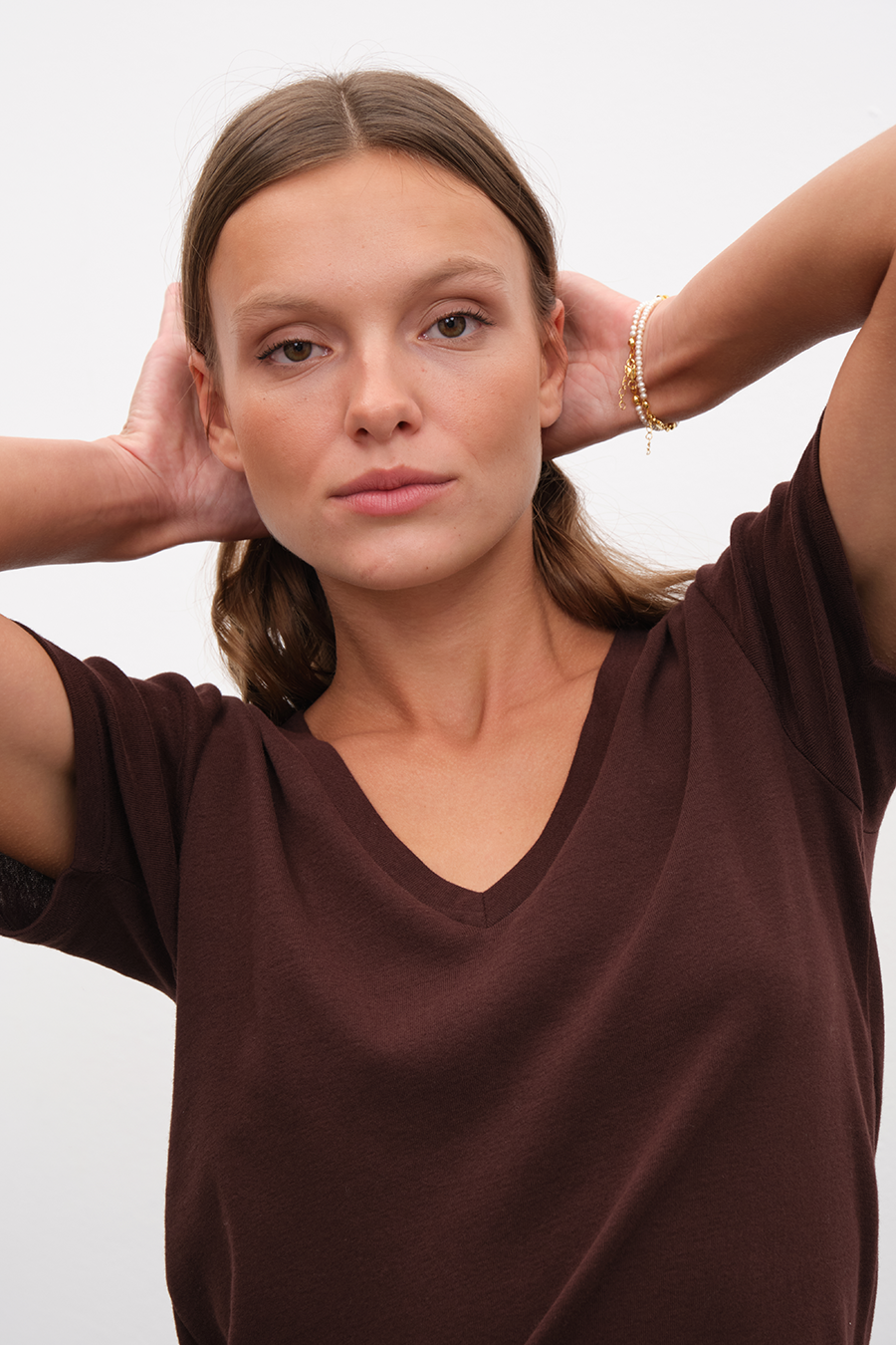 V Neck Fitted T-shirt in Micro-Ribbed Cotton