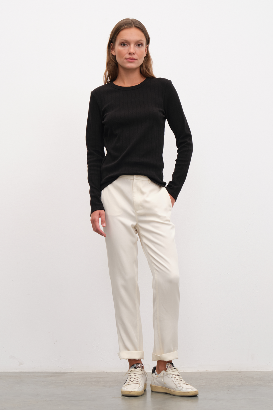 Long Sleeve Fitted T-shirt in Pointelle Cotton