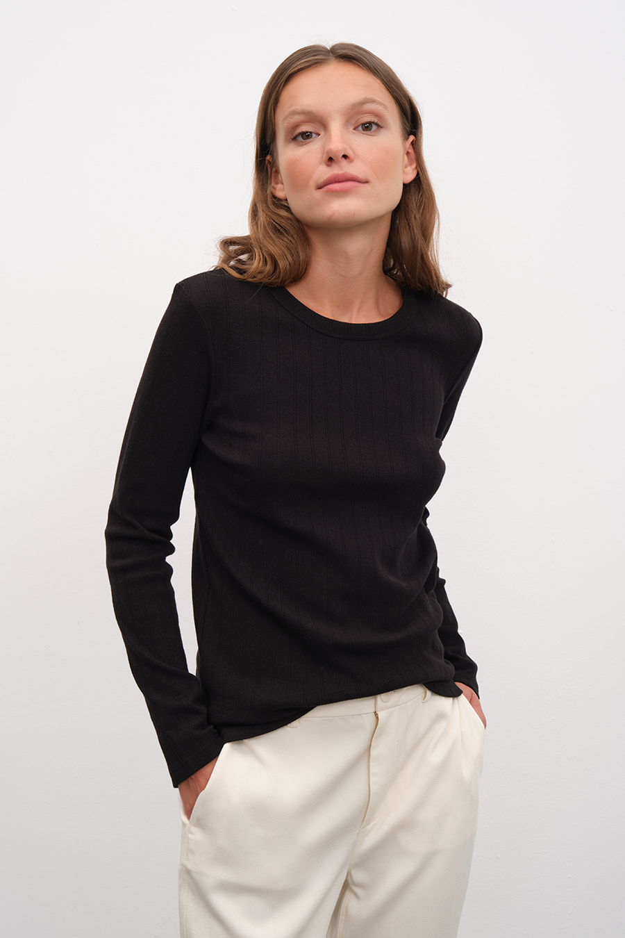 Long Sleeve Fitted T-shirt in Pointelle Cotton