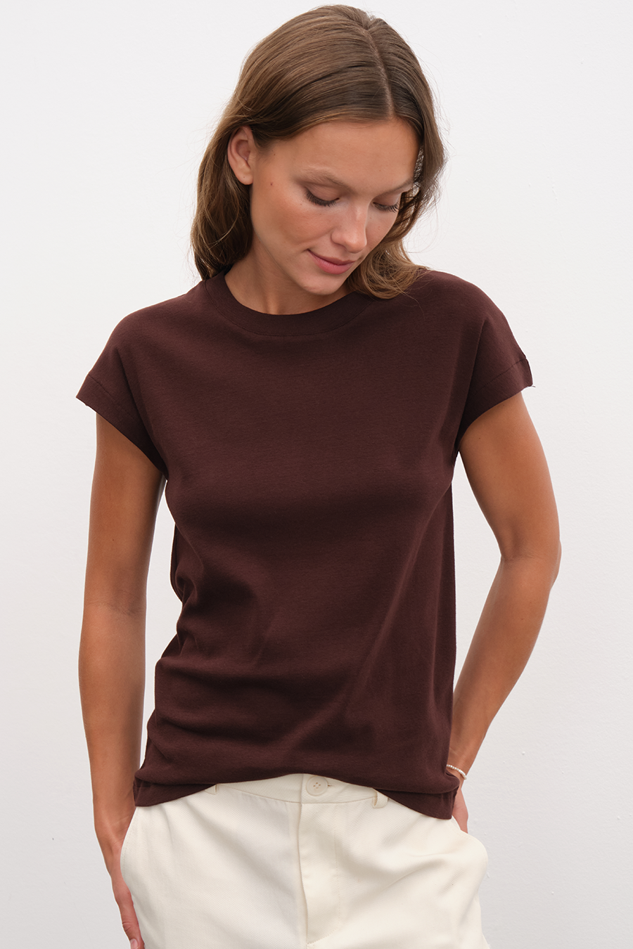 Capped Shoulder T-shirt in Micro-Ribbed Cotton