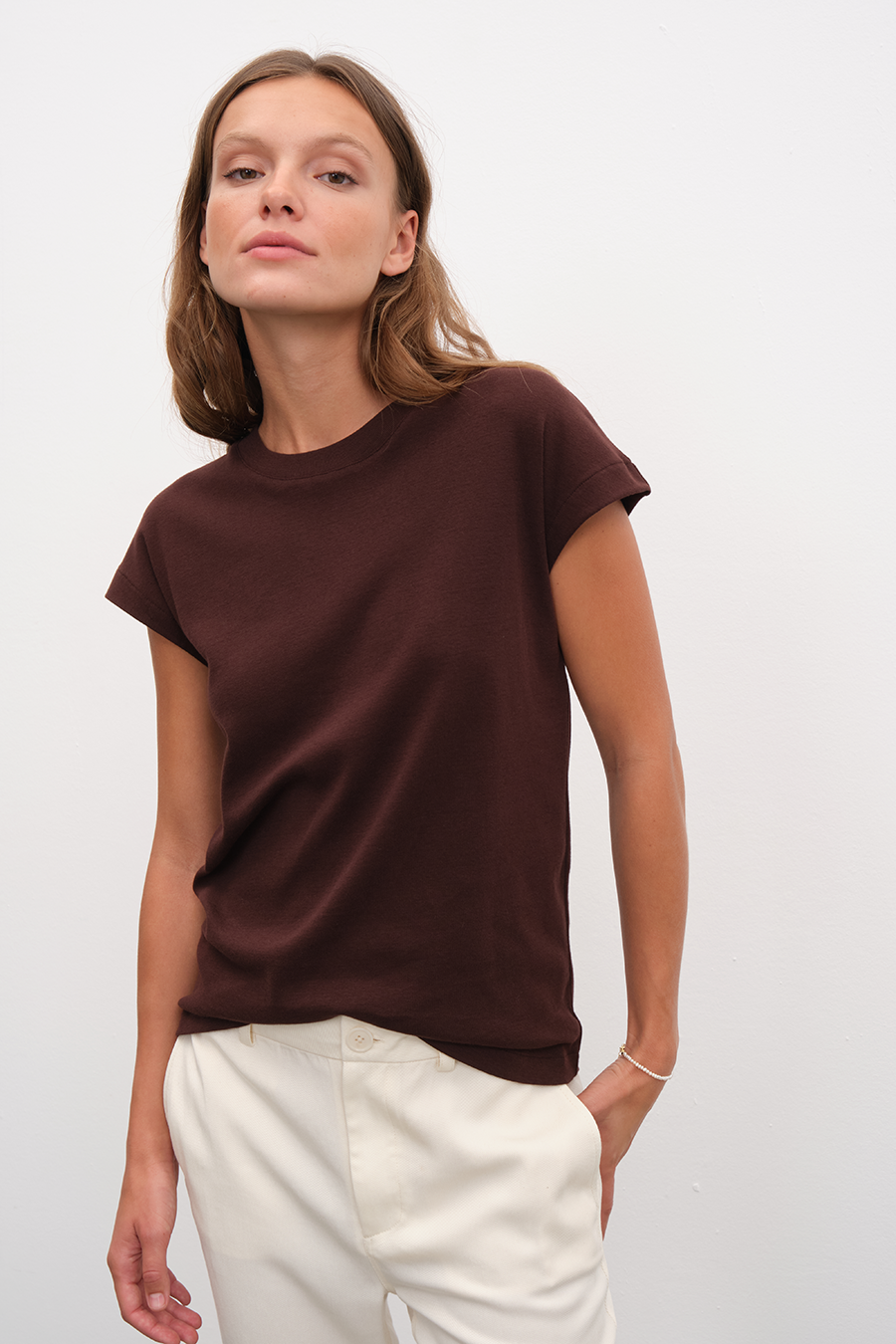 Capped Shoulder T-shirt in Micro-Ribbed Cotton