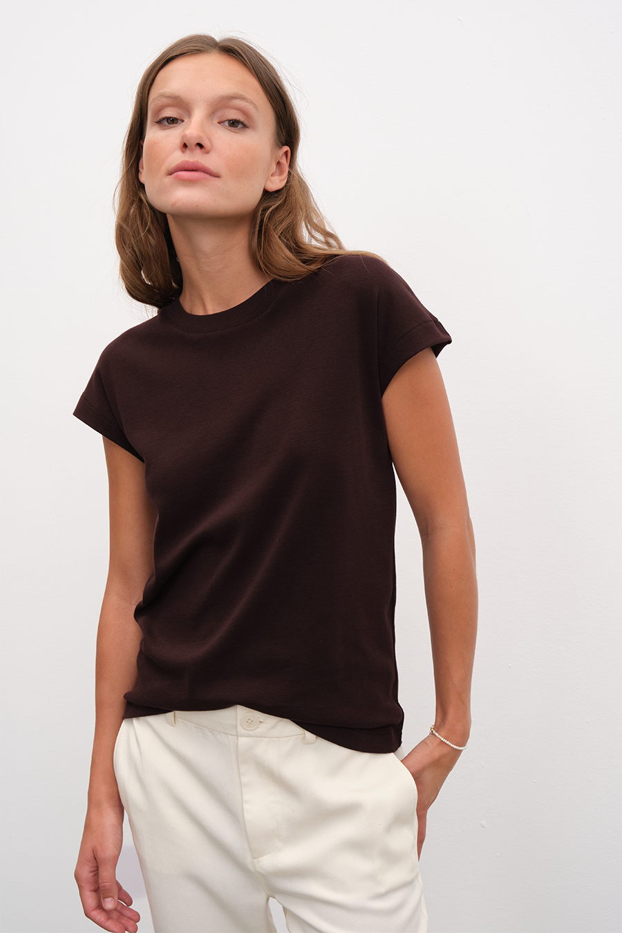 Capped Shoulder T-shirt in Micro-Ribbed Cotton