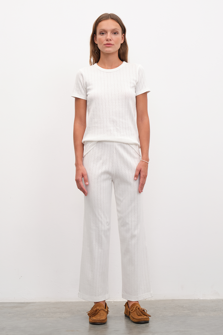 Crew Neck Fitted T-shirt in Pointelle Cotton