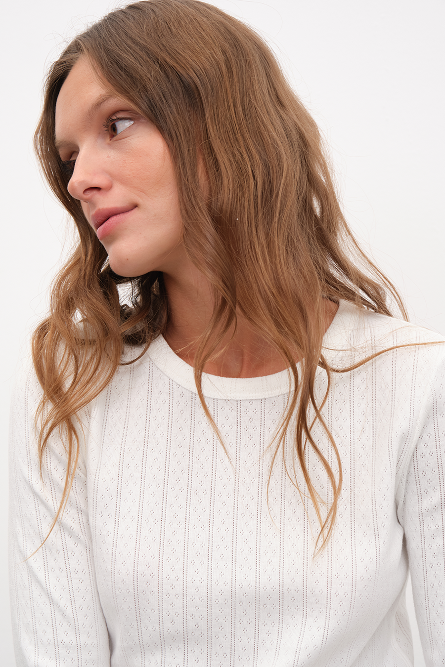 Long Sleeve Fitted T-shirt in Pointelle Cotton