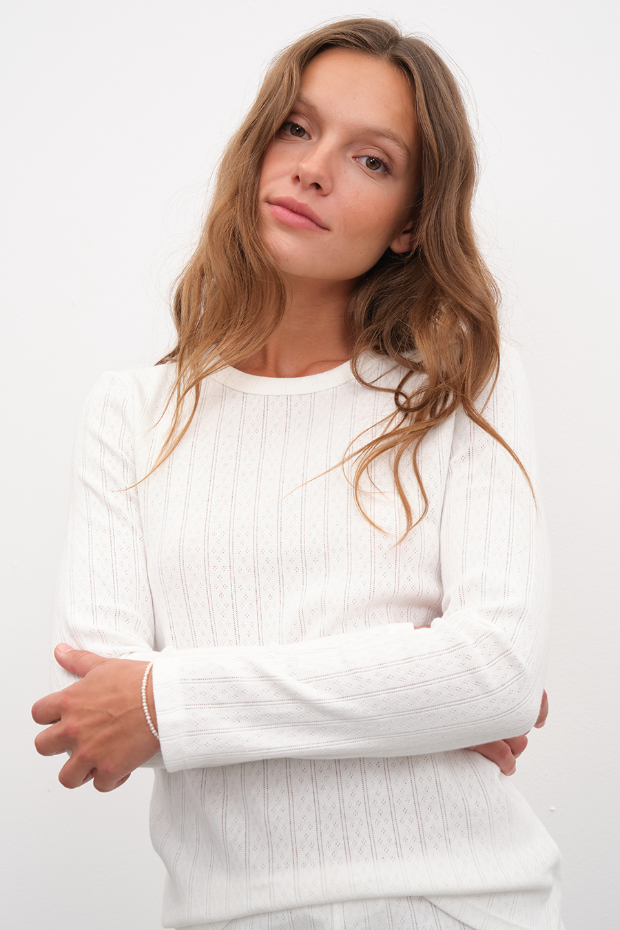 Long Sleeve Fitted T-shirt in Pointelle Cotton