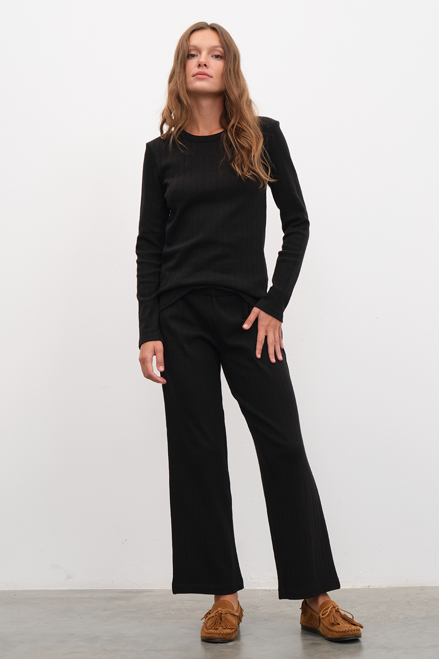 Long Sleeve Fitted T-shirt in Pointelle Cotton