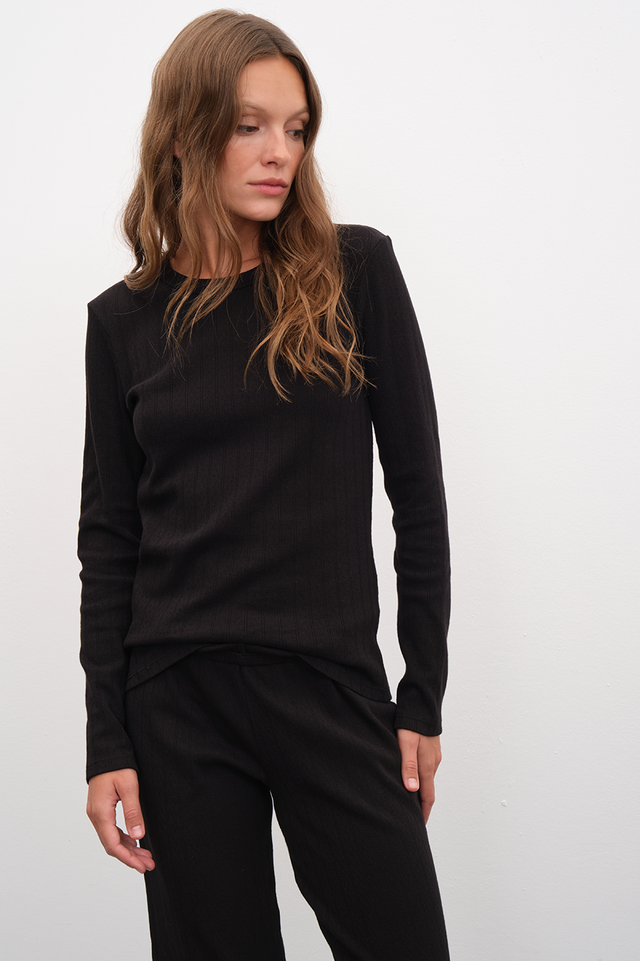 Long Sleeve Fitted T-shirt in Pointelle Cotton