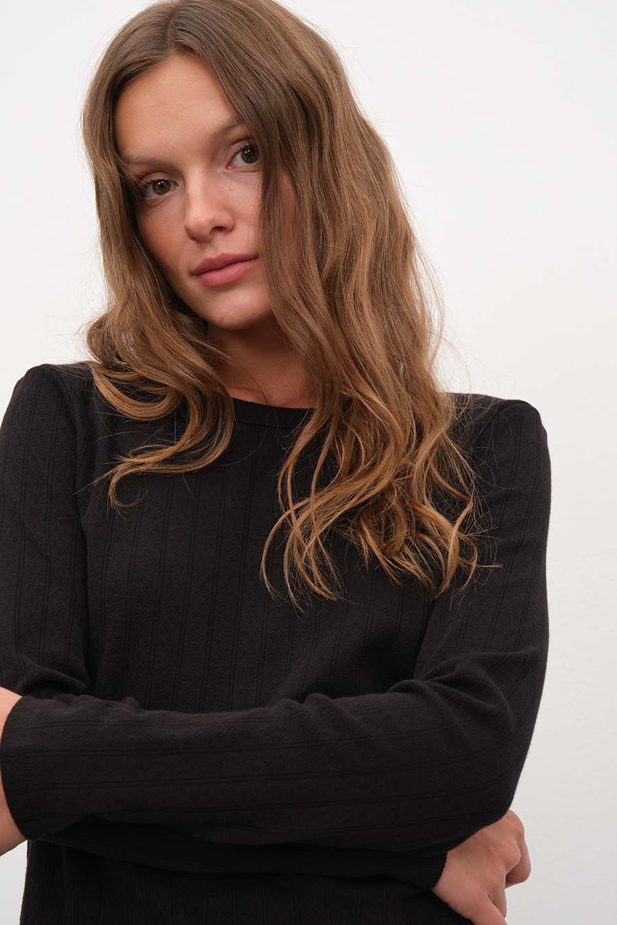 Long Sleeve Fitted T-shirt in Pointelle Cotton