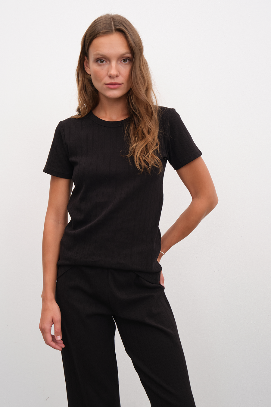 Crew Neck Fitted T-shirt in Pointelle Cotton