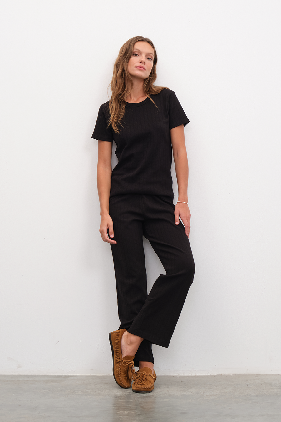 Crew Neck Fitted T-shirt in Pointelle Cotton