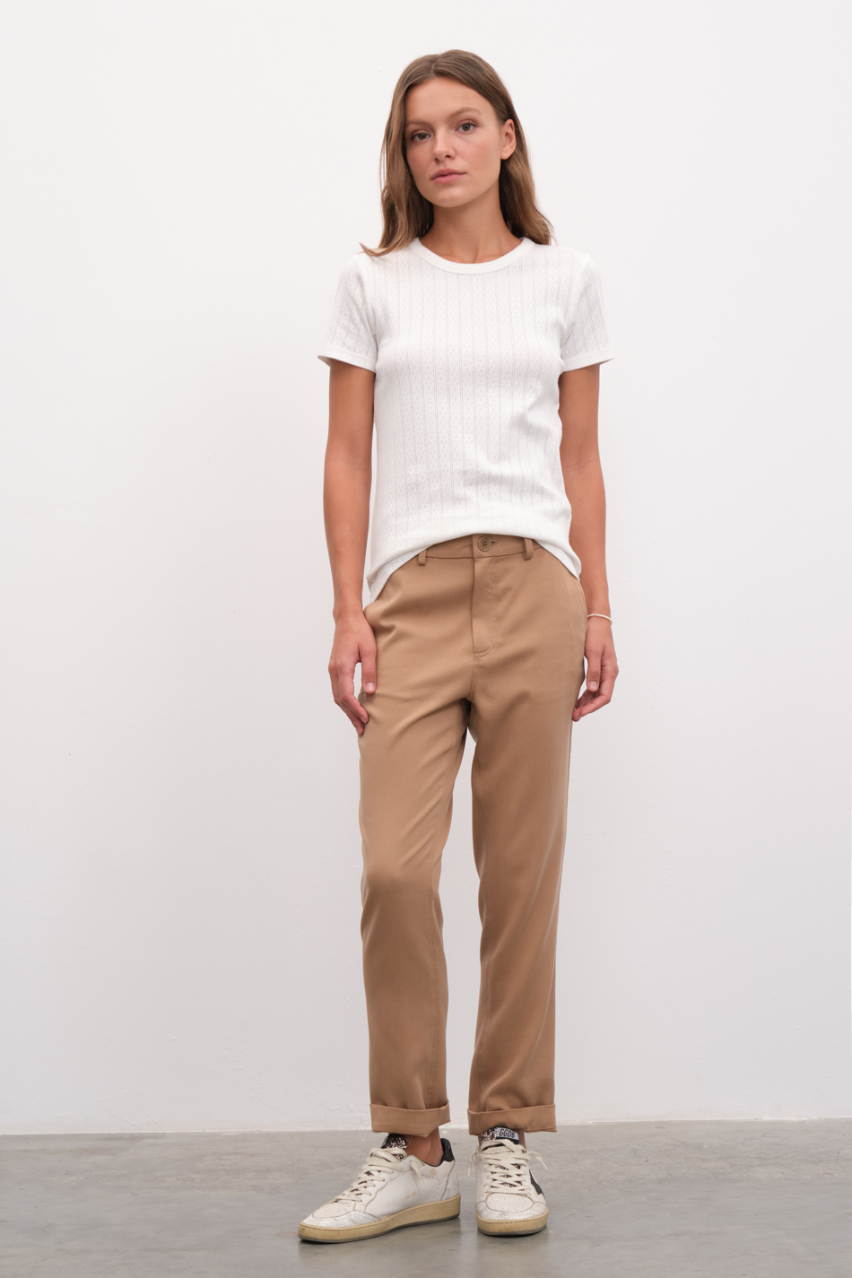 Crew Neck Fitted T-shirt in Pointelle Cotton