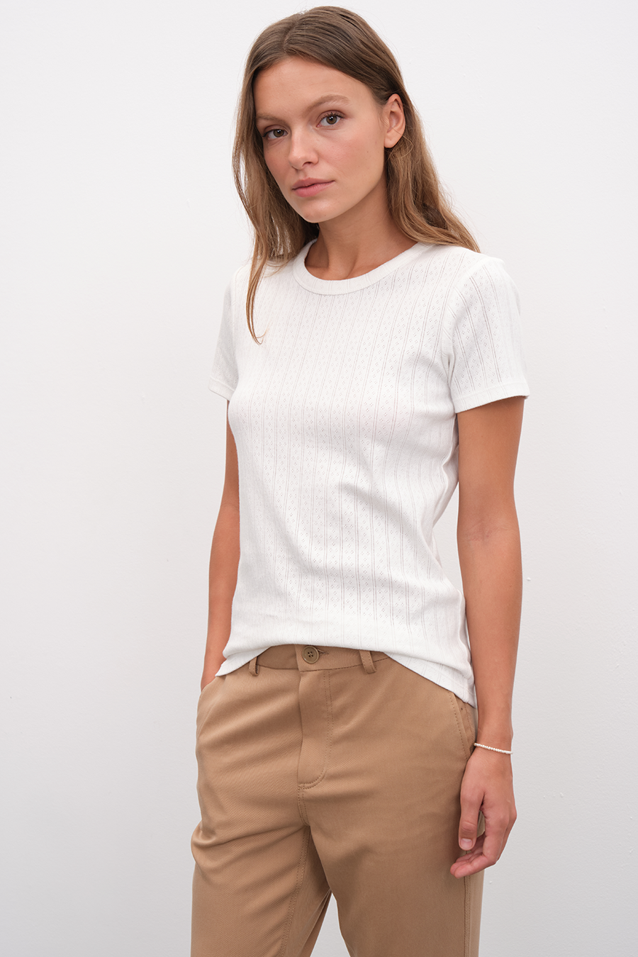 Crew Neck Fitted T-shirt in Pointelle Cotton
