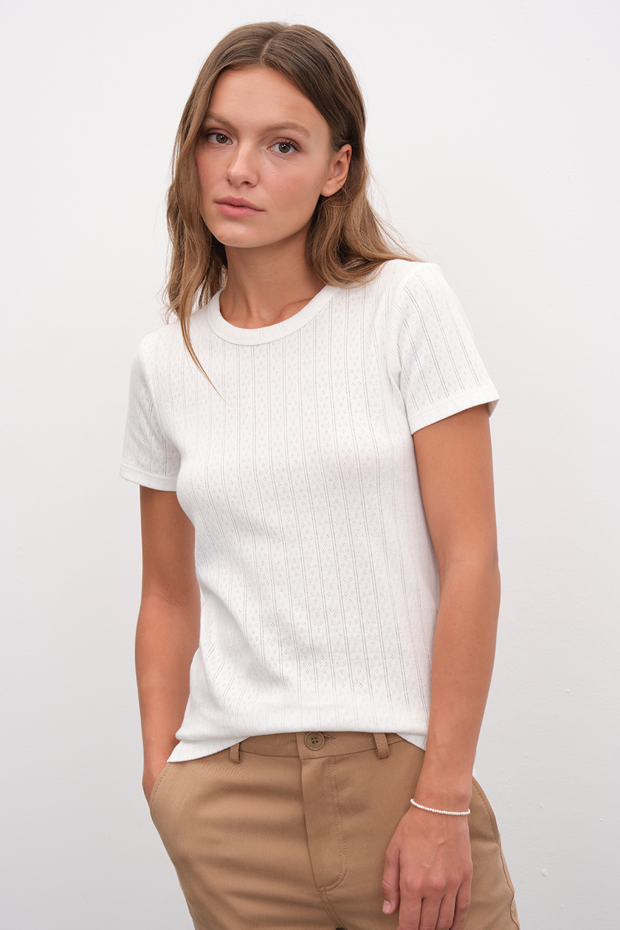 Crew Neck Fitted T-shirt in Pointelle Cotton