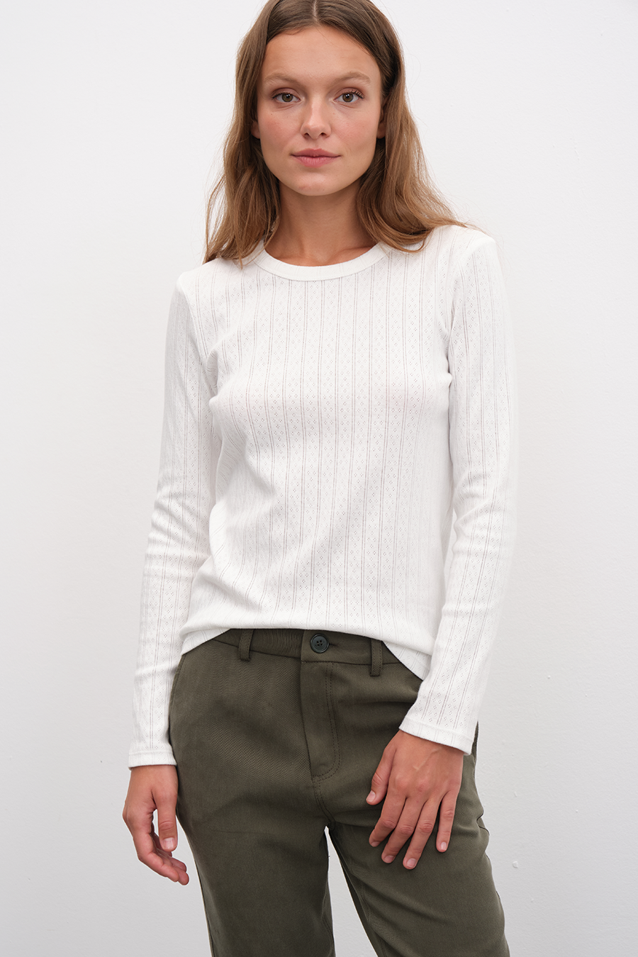 Long Sleeve Fitted T-shirt in Pointelle Cotton