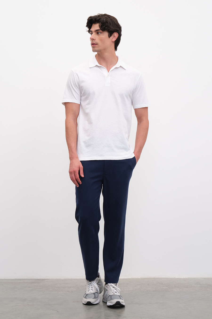 Polo Neck T-shirt in Cotton/Linen Blend