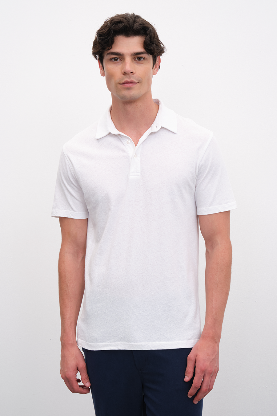 Polo Neck T-shirt in Cotton/Linen Blend