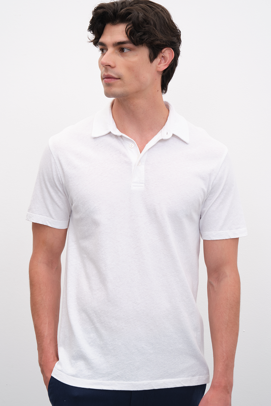 Polo Neck T-shirt in Cotton/Linen Blend