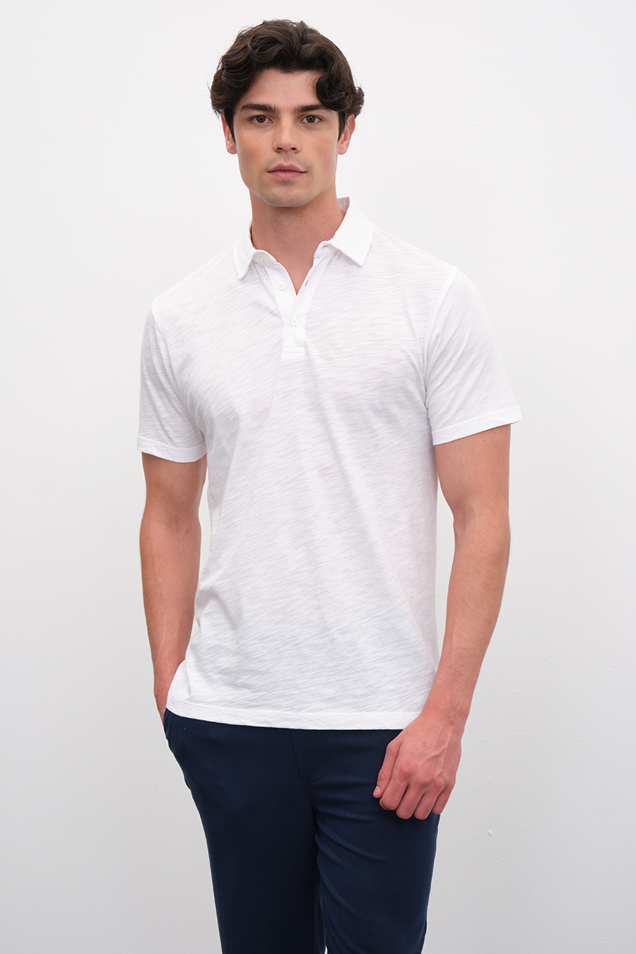 Polo Neck T-shirt in Slub Cotton