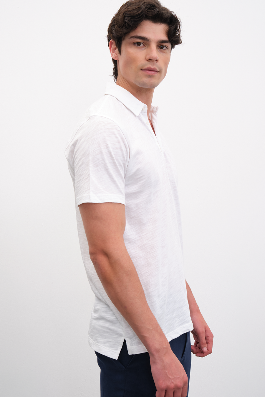 Polo Neck T-shirt in Slub Cotton