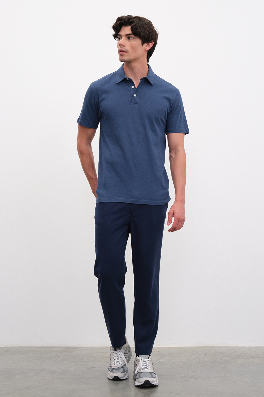 Polo Neck T-shirt in Cotton/Linen Blend