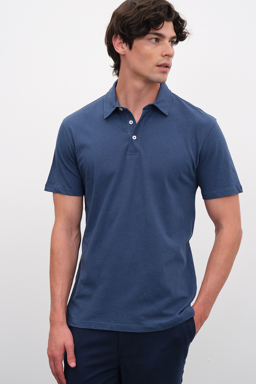 Polo Neck T-shirt in Cotton/Linen Blend