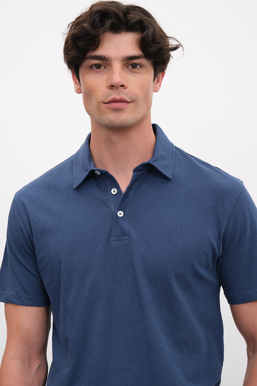 Polo Neck T-shirt in Cotton/Linen Blend