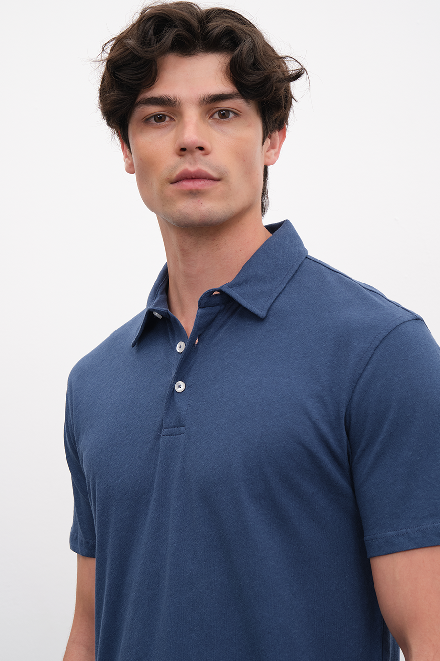 Polo Neck T-shirt in Cotton/Linen Blend