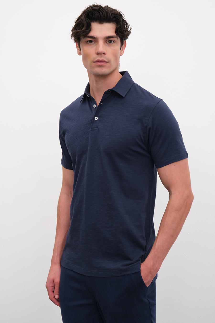 Polo Neck T-shirt in Slub Cotton
