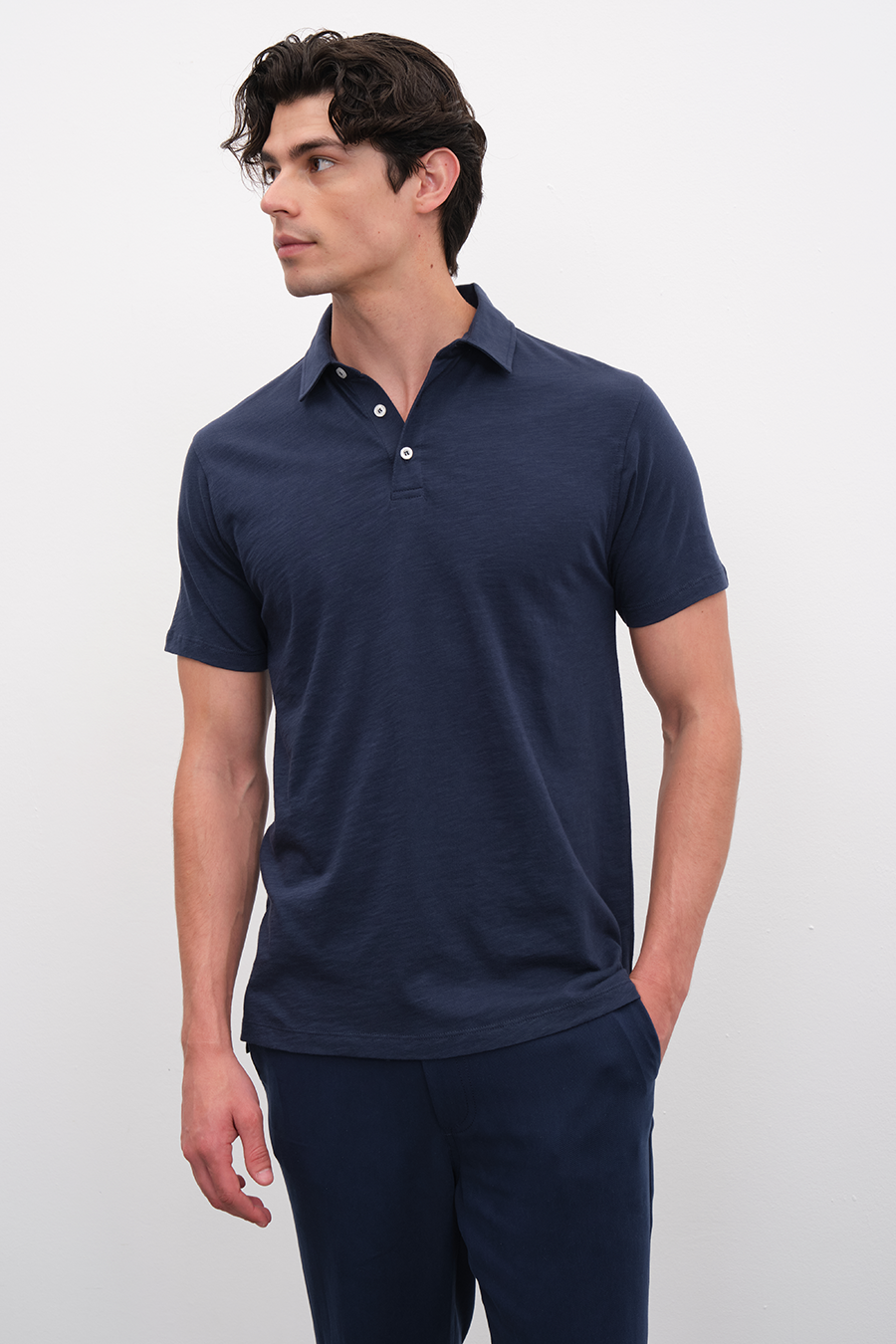 Polo Neck T-shirt in Slub Cotton