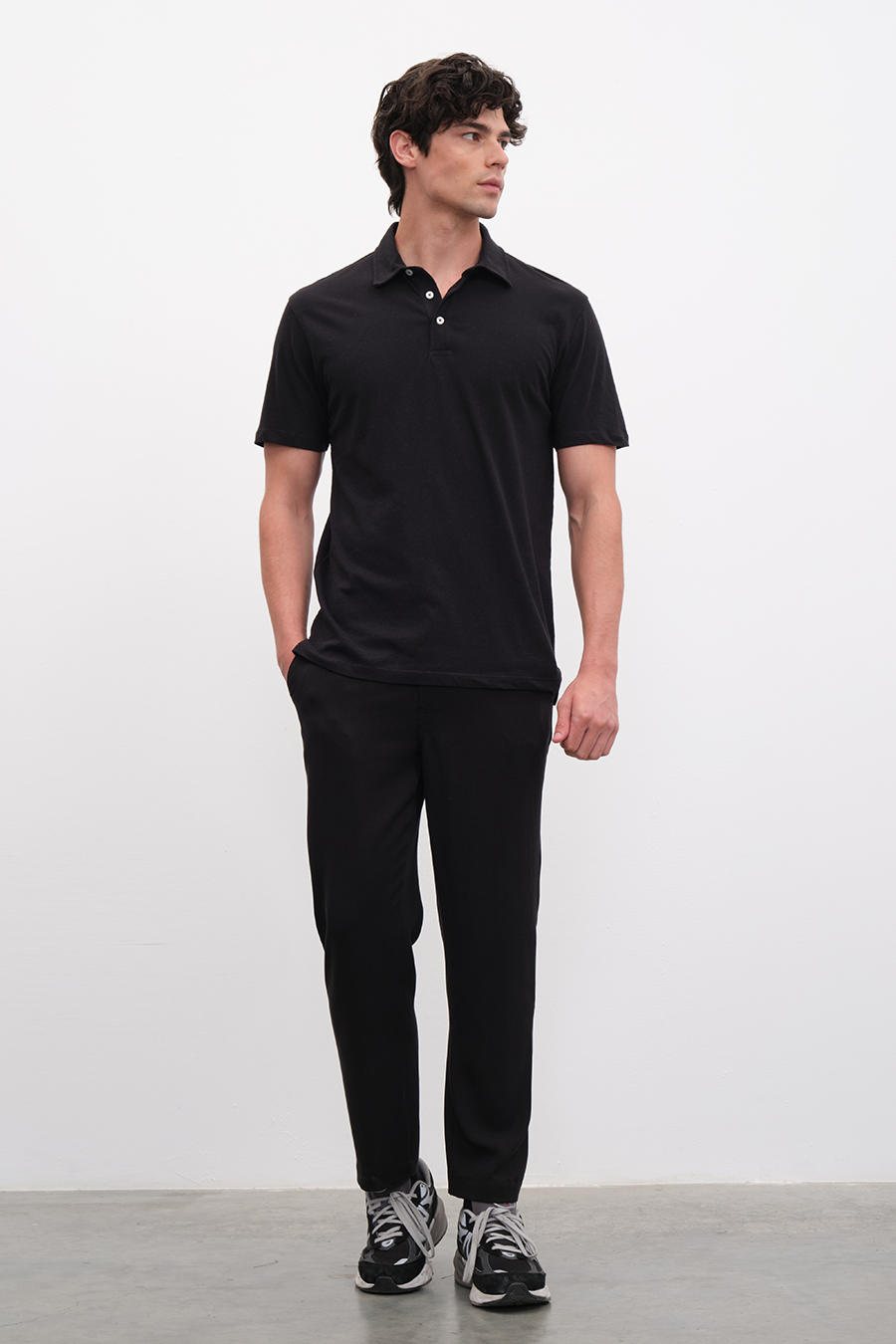 Polo Neck T-shirt in Cotton/Linen Blend