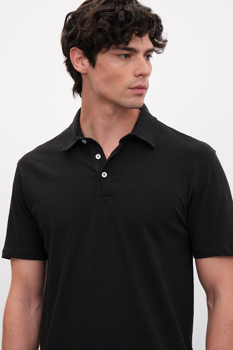 Polo Neck T-shirt in Cotton/Linen Blend