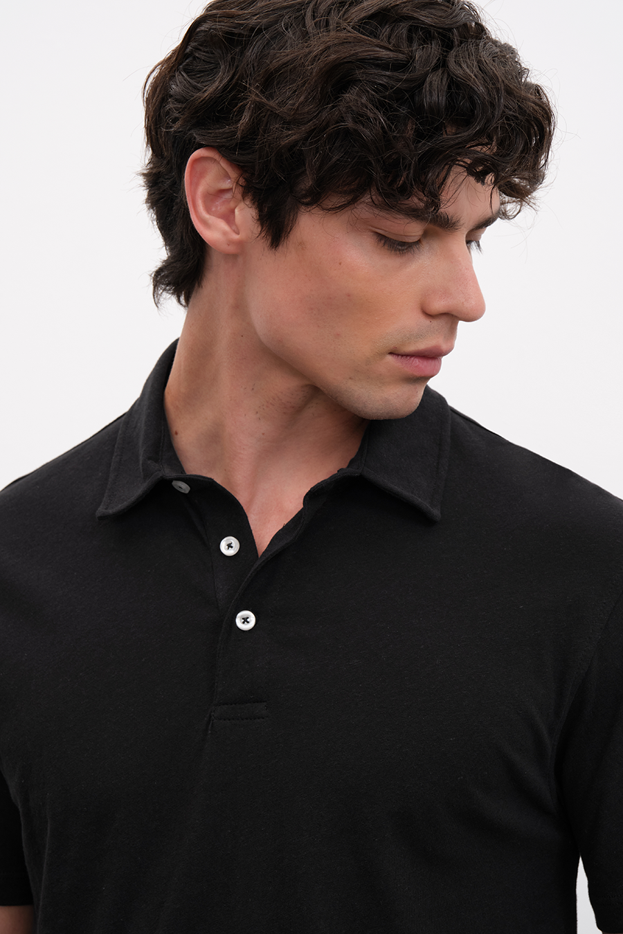 Polo Neck T-shirt in Cotton/Linen Blend