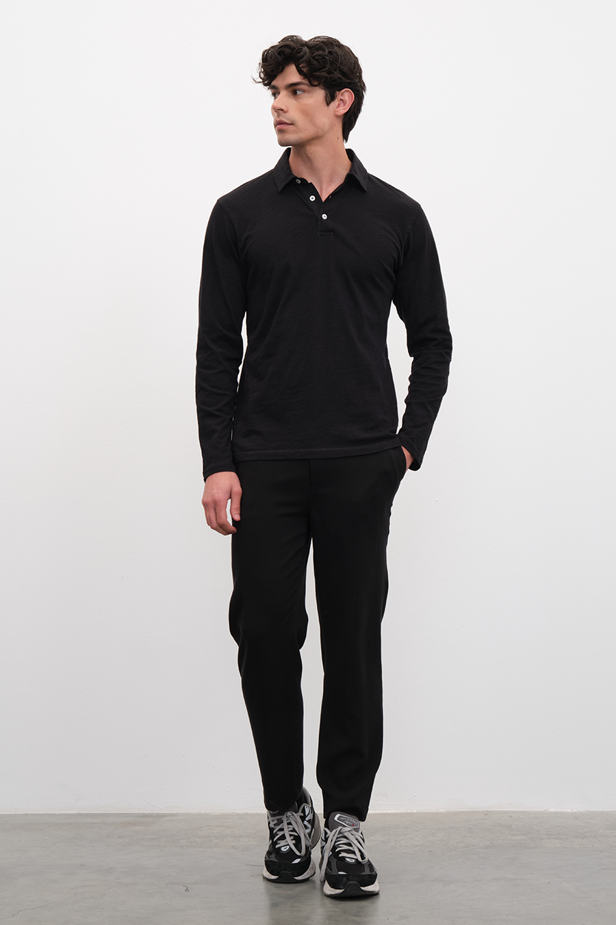Long Sleeve Polo Neck T-shirt in Slub Cotton