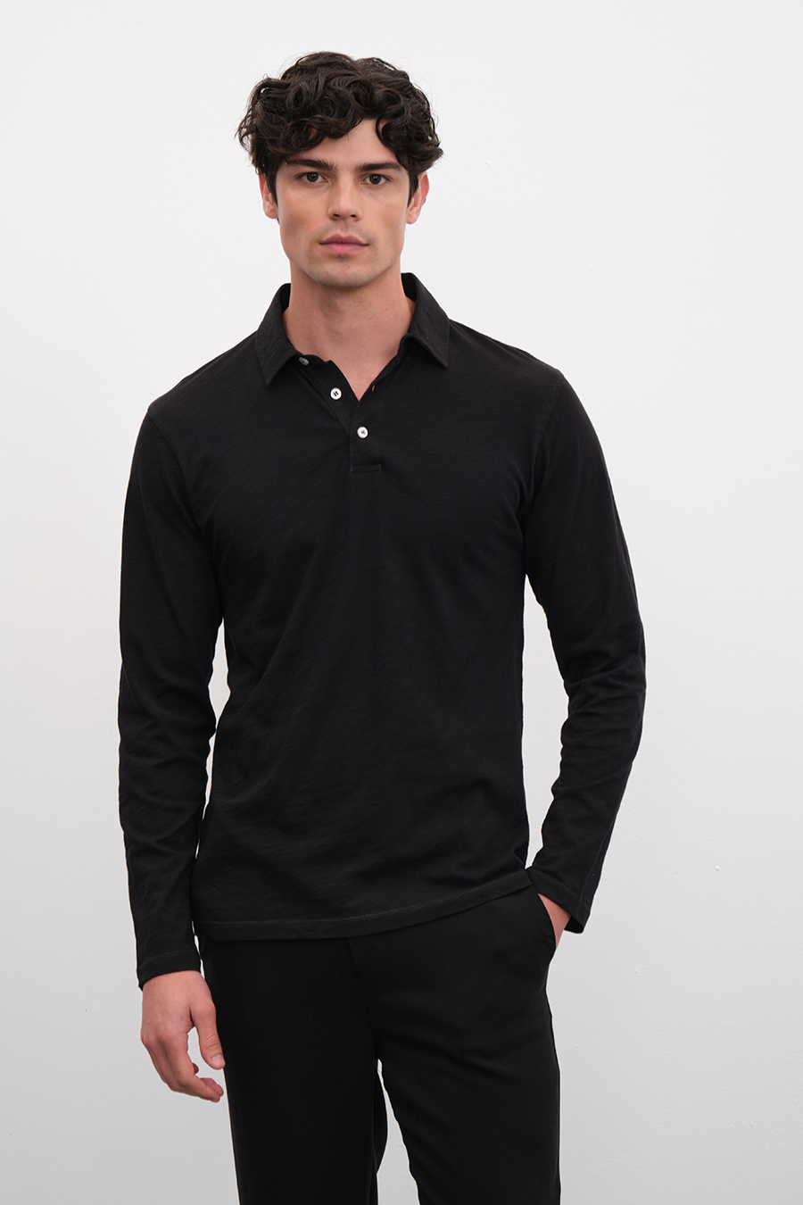 Long Sleeve Polo Neck T-shirt in Slub Cotton