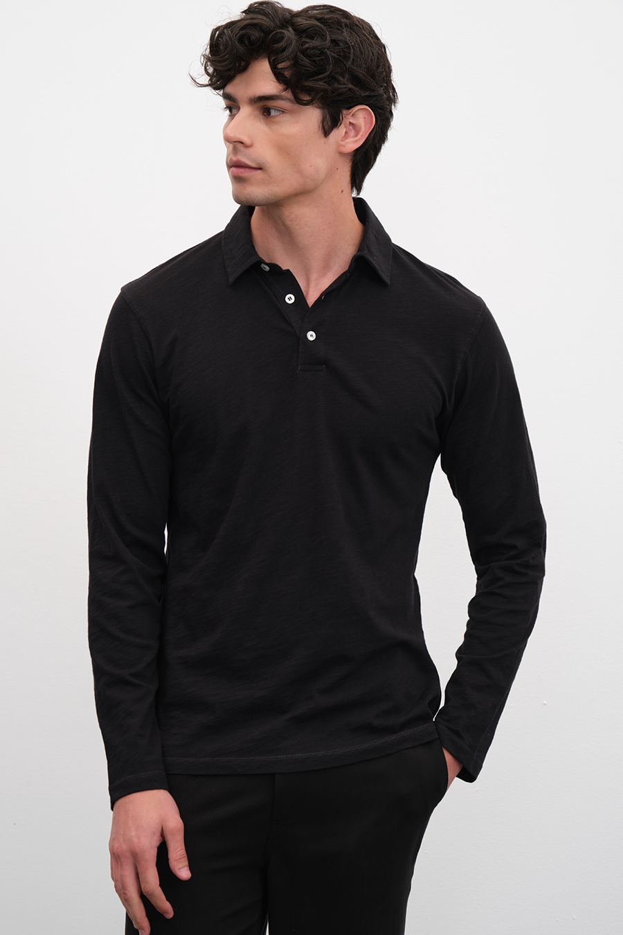 Long Sleeve Polo Neck T-shirt in Slub Cotton