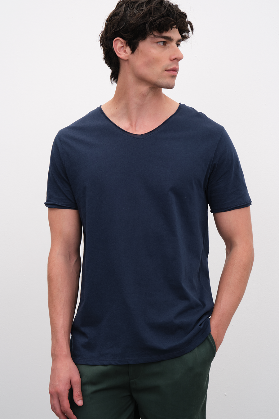 Raw Edge V Neck T-shirt with Back Stitching in Lightweight Cotton