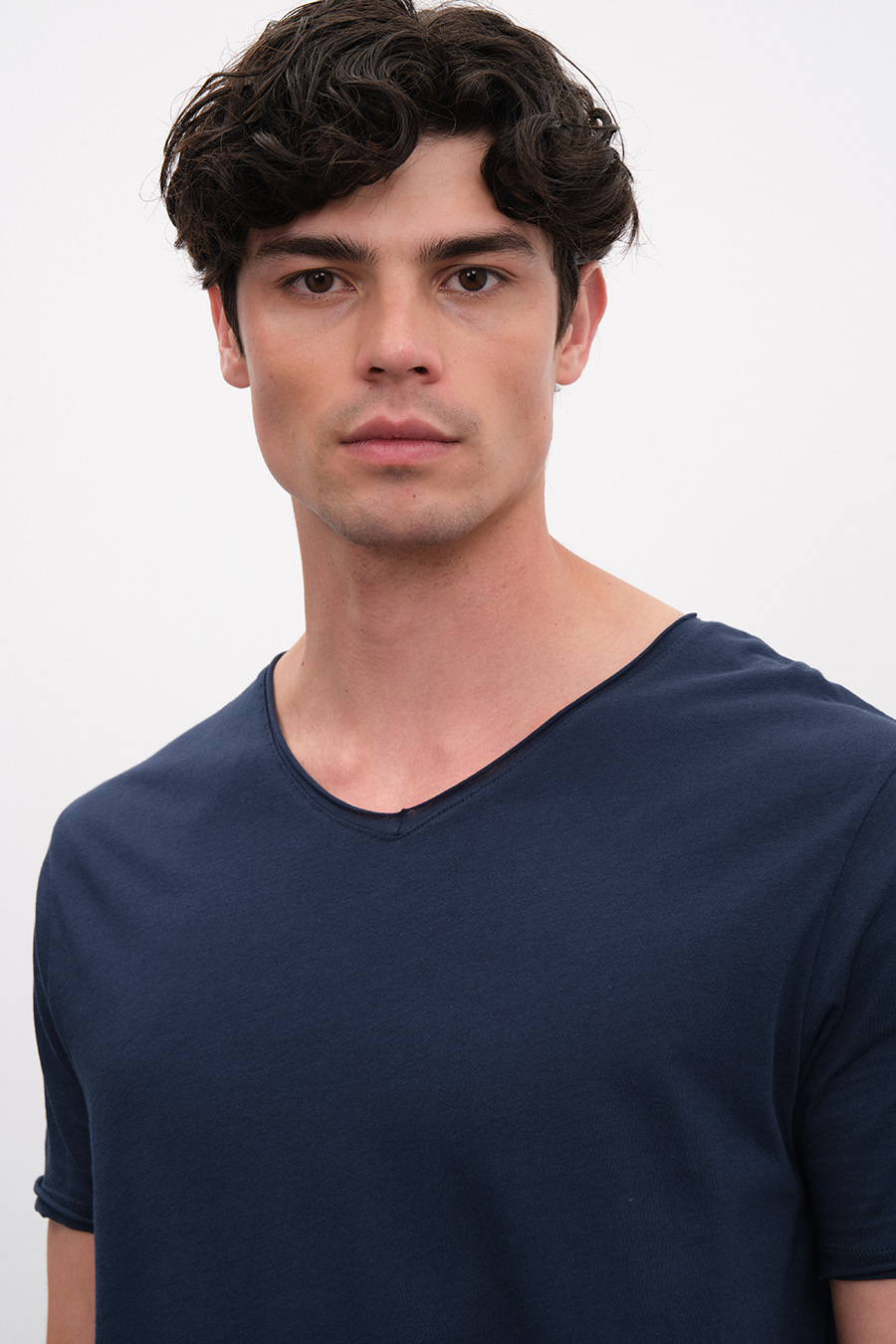 Raw Edge V Neck T-shirt with Back Stitching in Lightweight Cotton