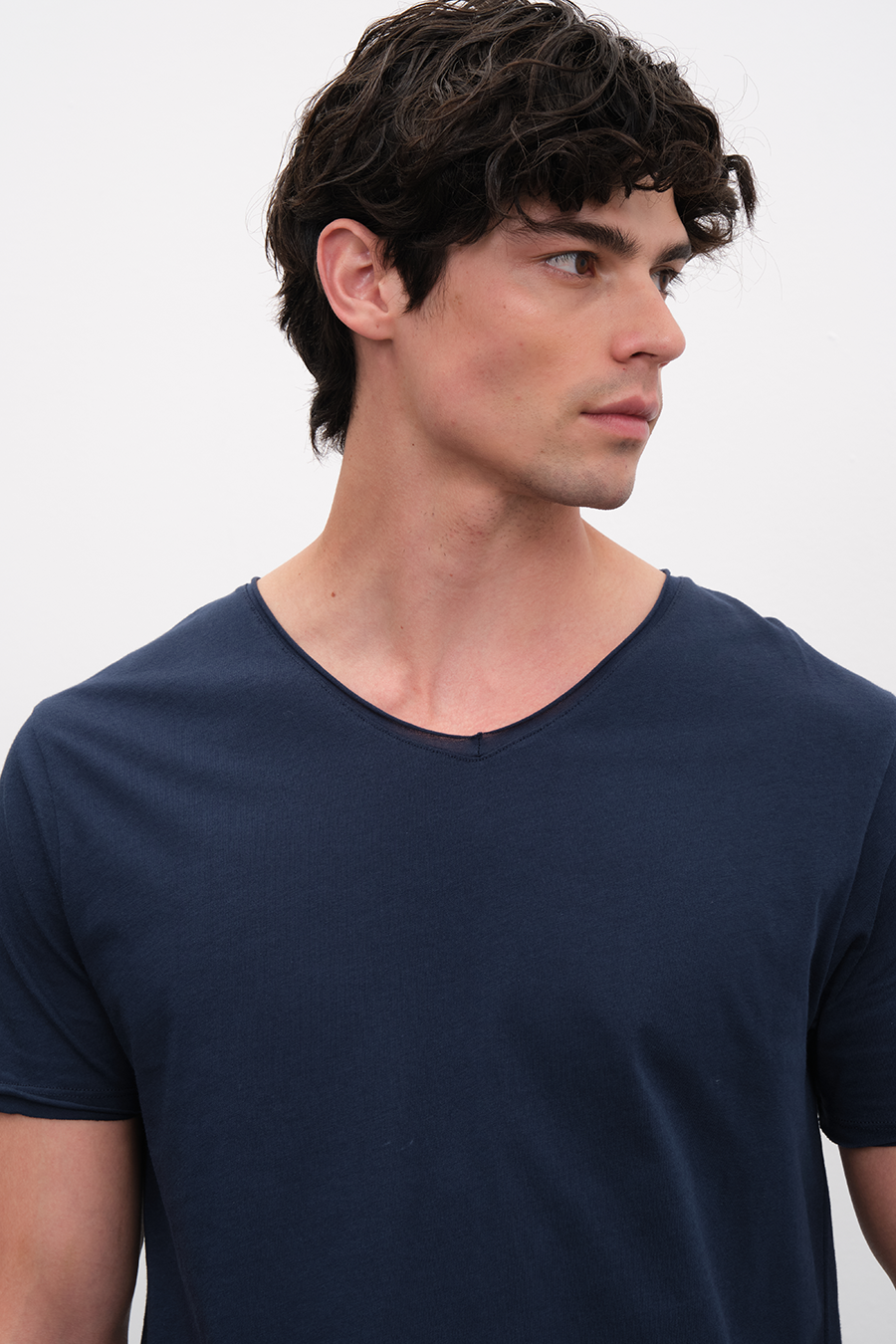 Raw Edge V Neck T-shirt with Back Stitching in Lightweight Cotton