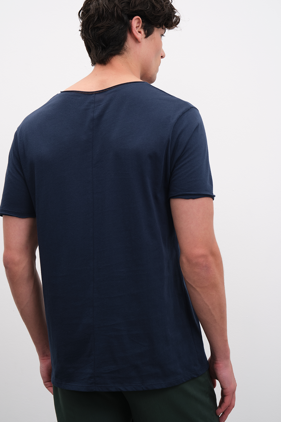 Raw Edge V Neck T-shirt with Back Stitching in Lightweight Cotton