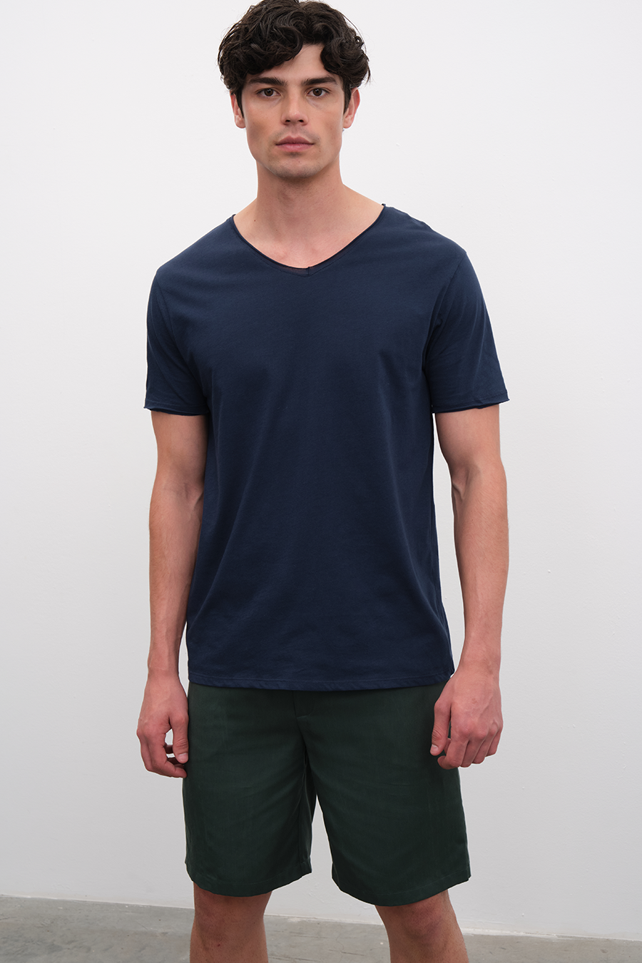 Raw Edge V Neck T-shirt with Back Stitching in Lightweight Cotton