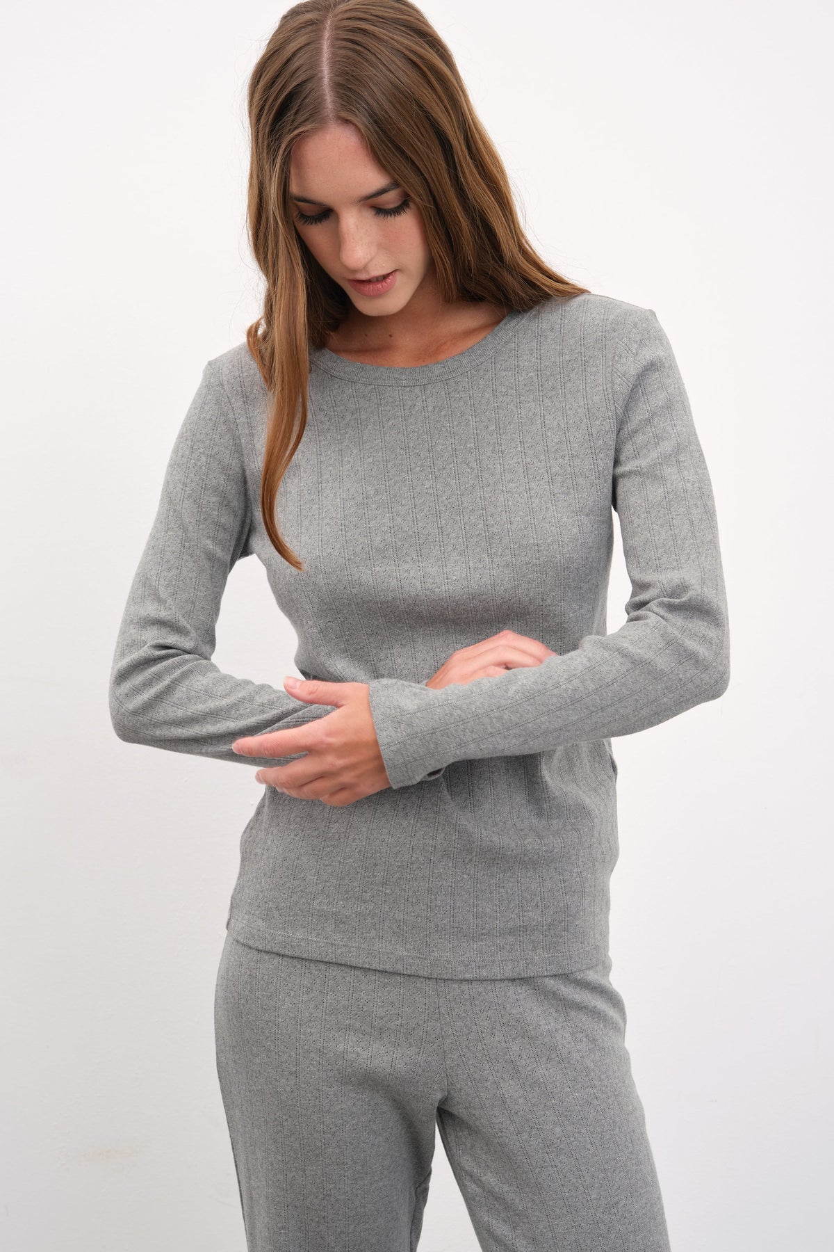 Long Sleeve Fitted T-shirt in Pointelle Cotton
