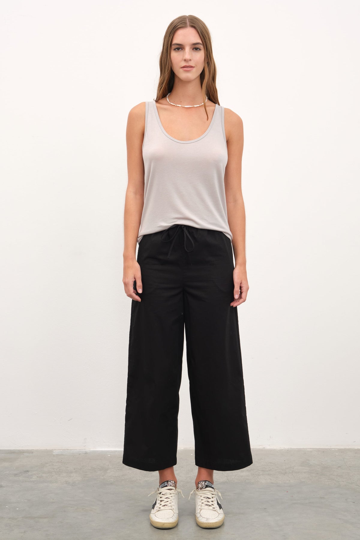 Pull-On Cropped Palazzo Poplin Pants