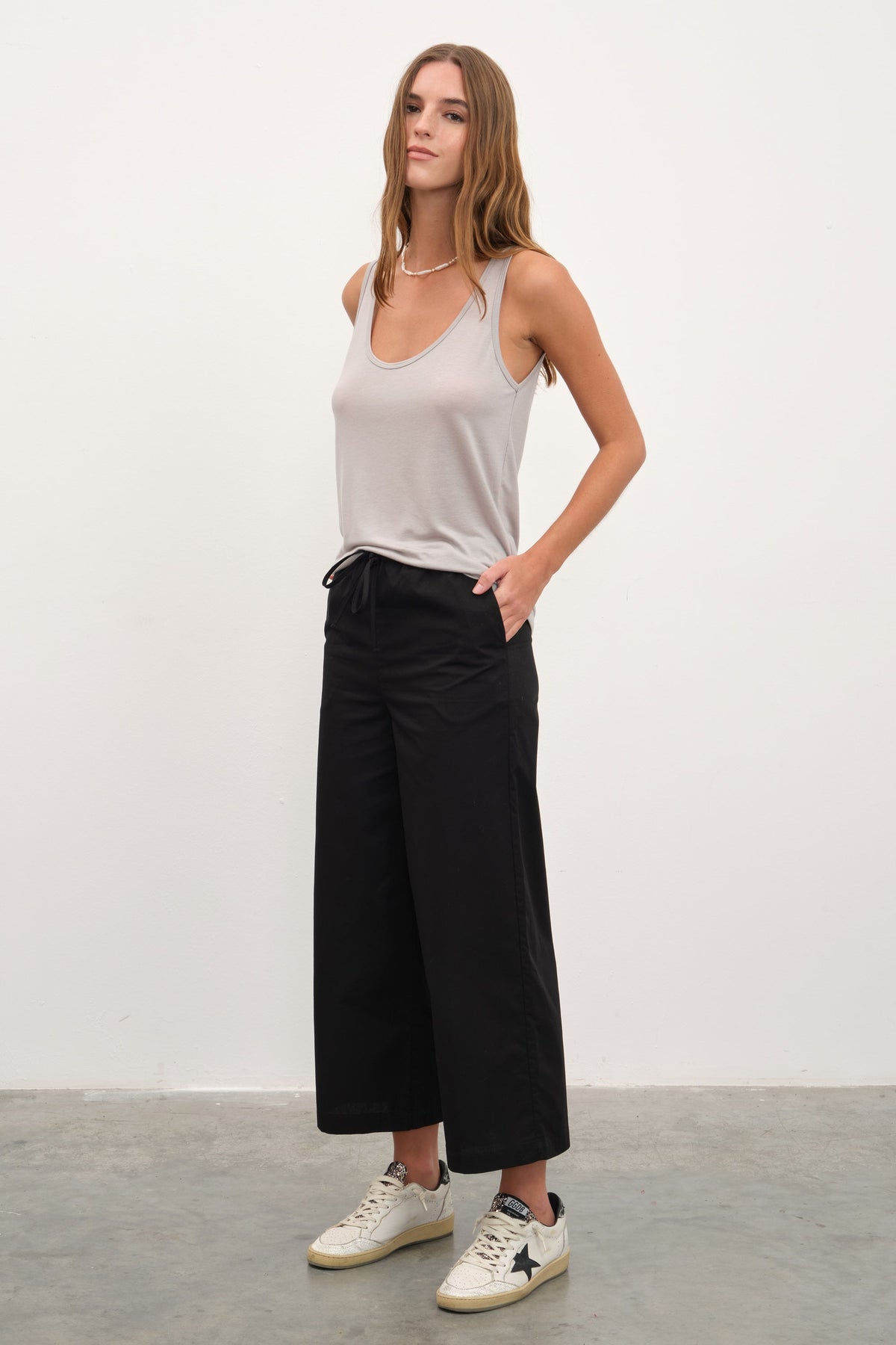 Pull-On Cropped Palazzo Poplin Pants