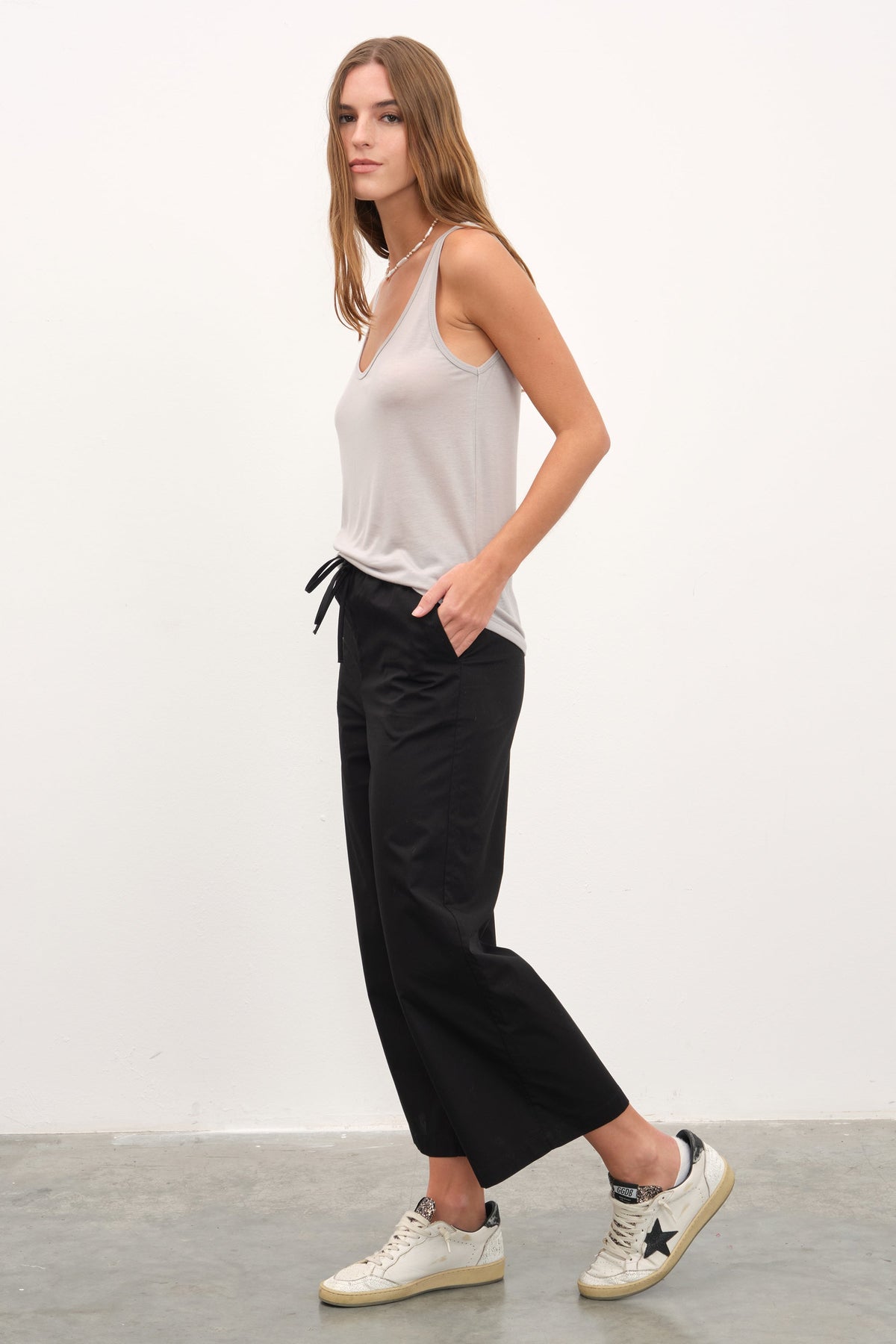 Pull-On Cropped Palazzo Poplin Pants